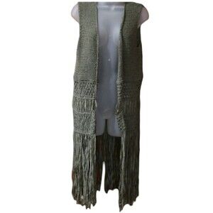 Zara Knit Green Fringe Long Line Vest Boho Hippie Medium